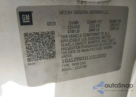 2020 Chevrolet Impala Fwd Lt z USA, uszkodzony, nr VIN 1G11Z5S31LU113332